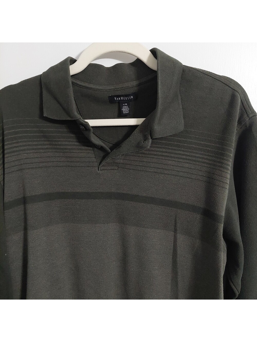 Van Heusen Men's Long Sleeve Polo Shirt Size Large Olive Green Cotton Blend